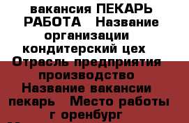 вакансия ПЕКАРЬ РАБОТА › Название организации ­ кондитерский цех  › Отрасль предприятия ­ производство › Название вакансии ­ пекарь › Место работы ­ г оренбург  › Минимальный оклад ­ 14 000 › Максимальный оклад ­ 25 000 › Возраст от ­ 20 › Возраст до ­ 50 - Оренбургская обл. Работа » Вакансии   . Оренбургская обл.